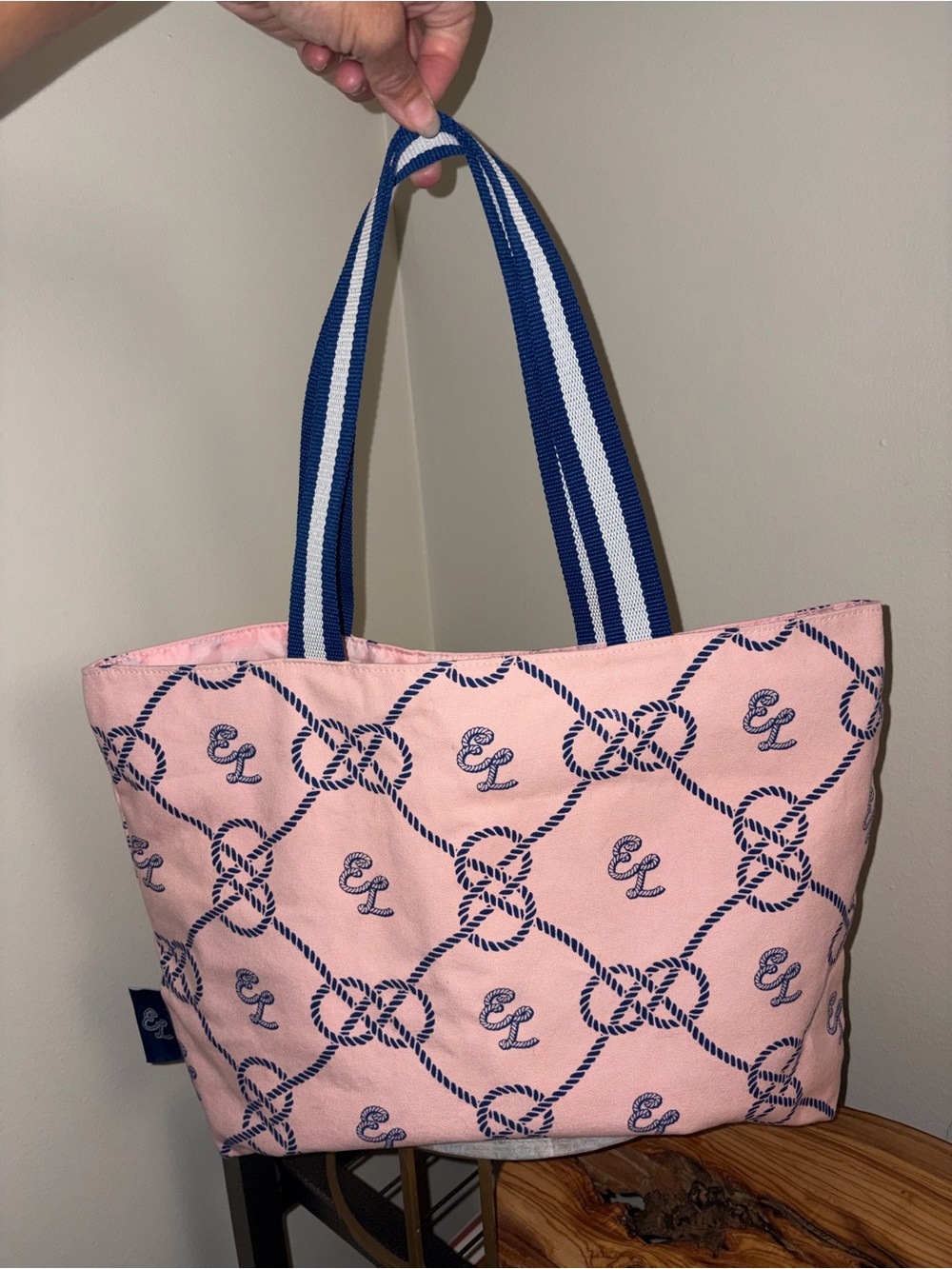 Cursive Monogram “EL” Pink Rope-Print Tote Bag with Blue Striped Handles